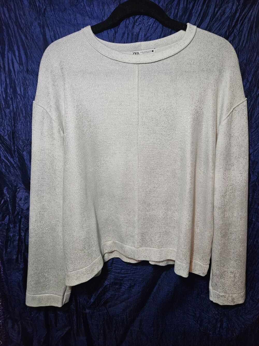 Zara Pullover Sweater White With Silver Metallic Foil Accents Size Med 8-10